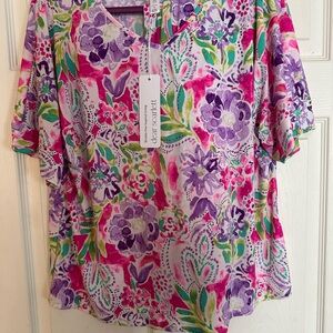 dear scarlett Floral V-Neck Tunic in Pink, Purple & Green with matching pants